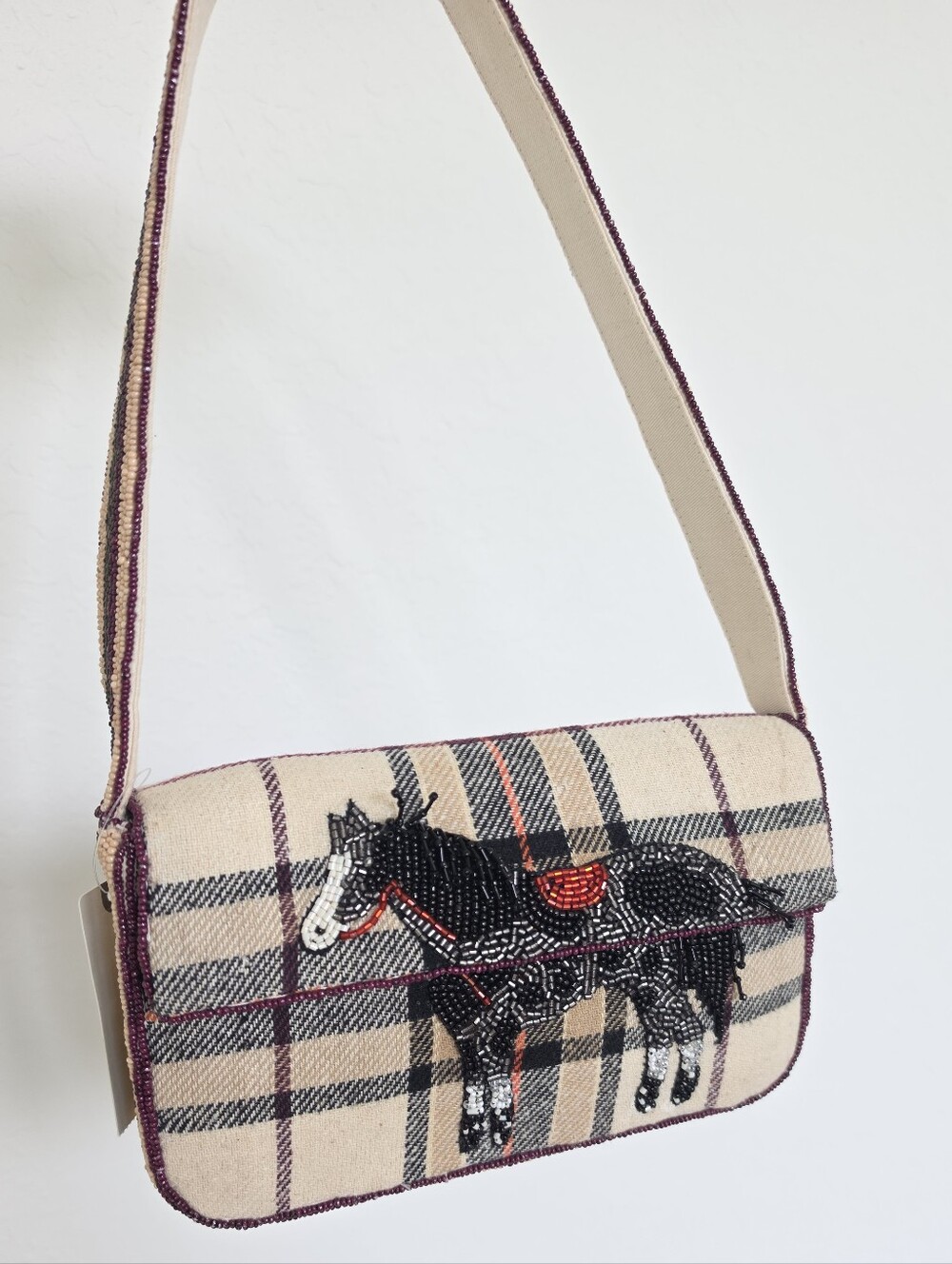 Anthropologie Fiona Beaded Horse Equestrian British Check Old Money NWT - Picture 2 of 13